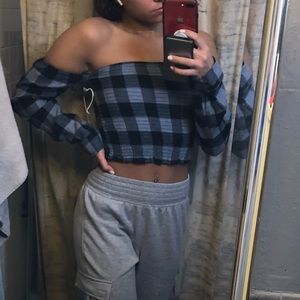 Plaid off the shoulder top